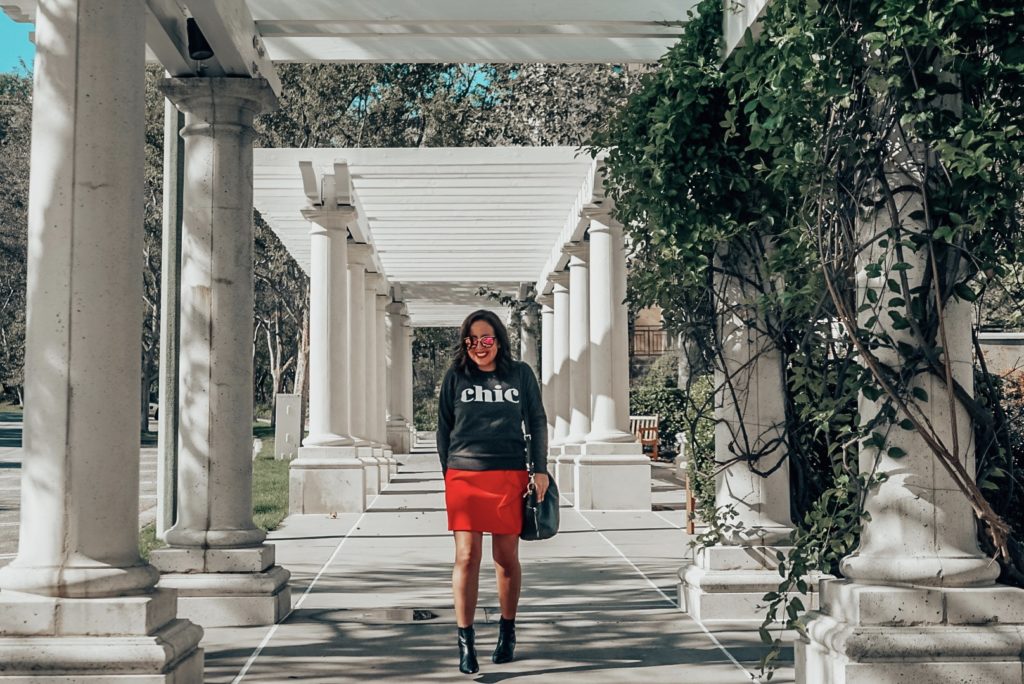 red mini skirt, ankle booties, women's sweatshirt