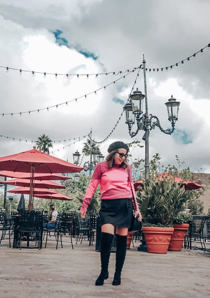 French styled outfit, over the knee boots and beret with mini skirt.