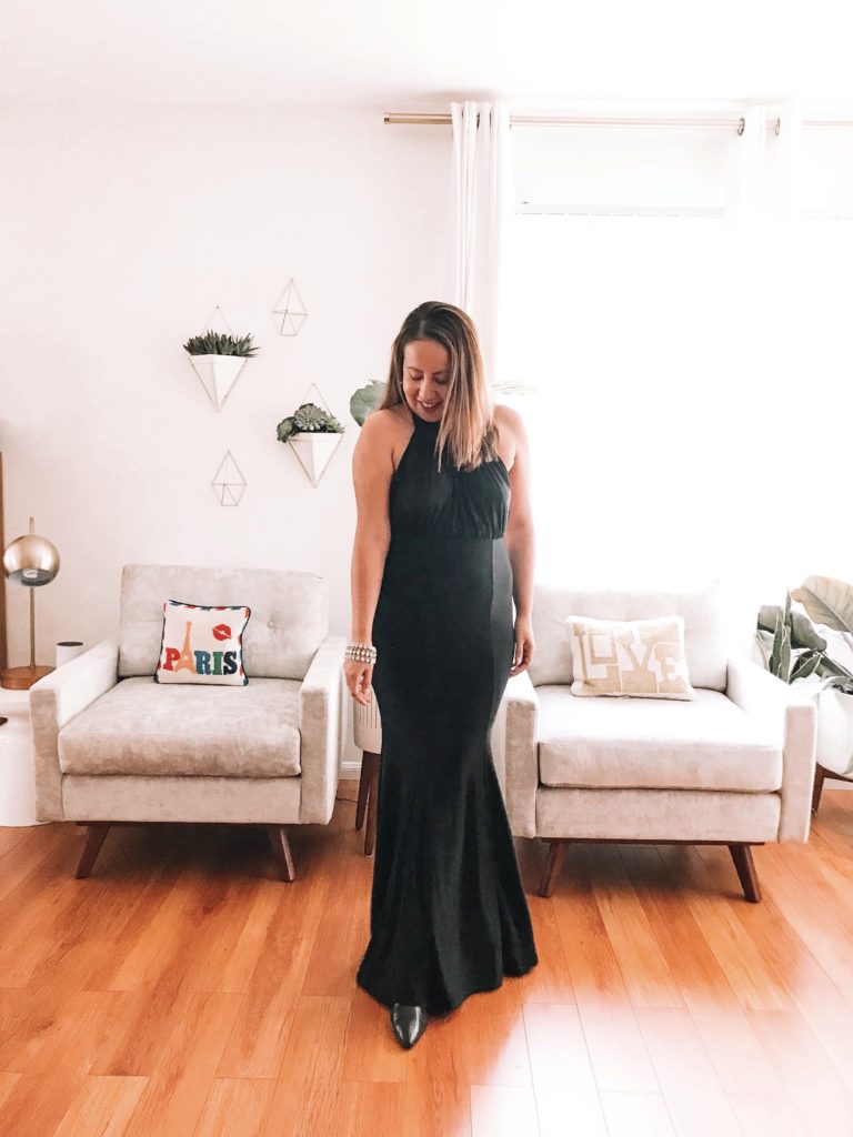 A long black dress is classic and elegant.